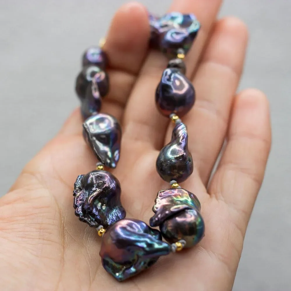 Black Baroque Pearl Bracelet, Handknotted 925 Sterling Silver Gold Plated
